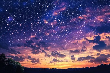 Night sky filled with stars and colorful clouds above a tranquil landscape