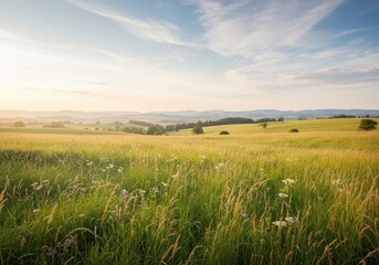 Scenic countryside landscape with rolling hills and wildflowers at sunset