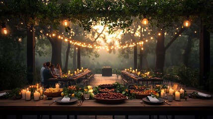 Elegant outdoor dining setup at sunset with illuminated tables and lush greenery backdrop
