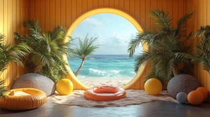 Obraz premium Tropical Beach Scene Through a Round Window