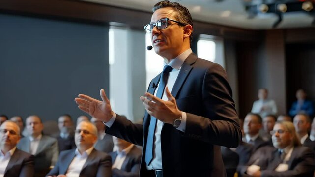 Engaging Conference Speaker: A charismatic speaker captivates his audience during a corporate conference, his passionate delivery and expressive gestures creating a dynamic and engaging atmosphere.  