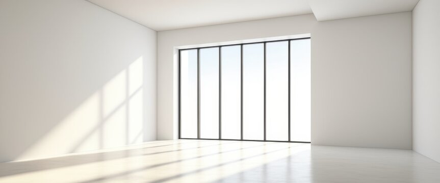 Minimalist interior with sunlit large floor-to-ceiling windows creating an open bright space