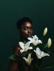 Beautiful sensual black woman lady portrait with white lilies on dark green background