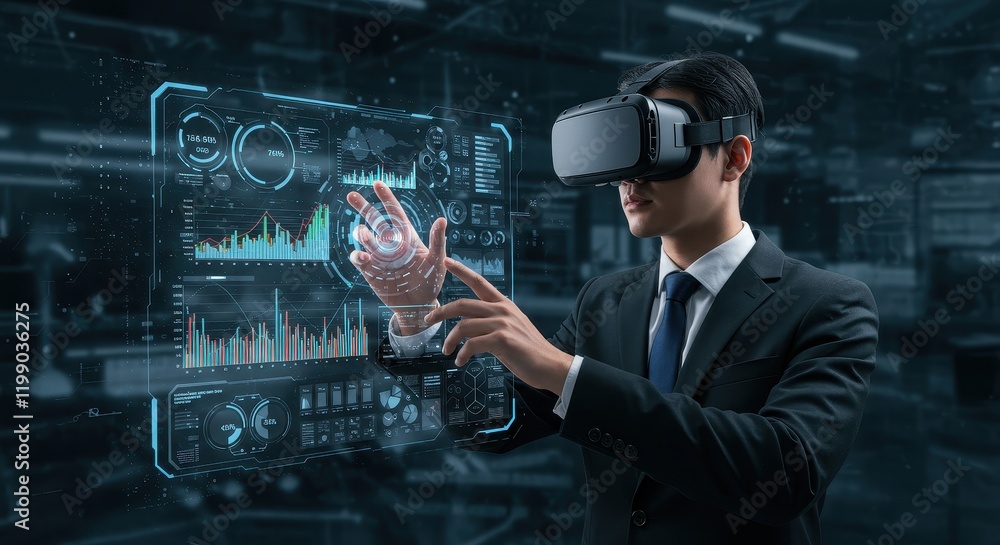 Poster businessman utilizing virtual reality for data analysis in futuristic environment