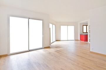 Interior of an empty new modern house or appartment, home with large bay sliding windows, view isolated on transparent background, png file