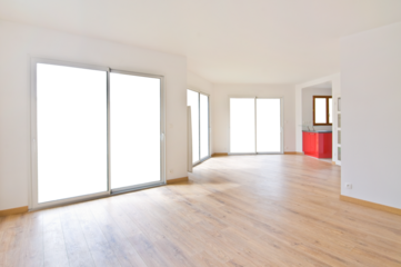 Interior of an empty new modern house or appartment, home with large bay sliding windows, view isolated on transparent background, png file