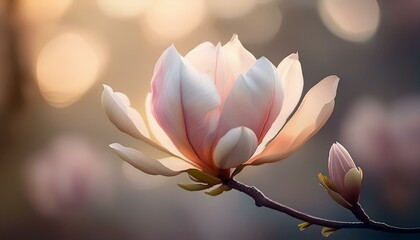 The soft pastel hues of a budding magnolia flower, with its velvety petals opening, symbolizing...