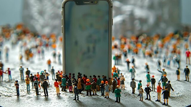 Tiny figures standing next to a giant phone, creating a whimsical and imaginative scene