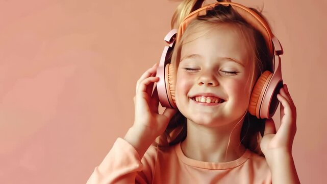 Happy young girl in pink headphones enjoying music with eyes closed and big smile, symbolizing childhood joy, fun, and digital lifestyle