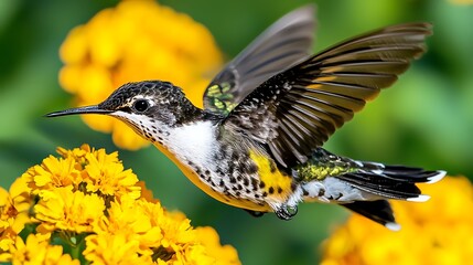 Fototapeta premium A vibrant hummingbird hovering near bright yellow flowers in a lush garden setting