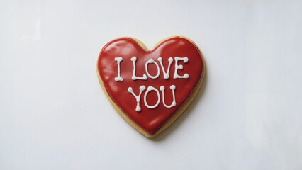 Valentine's Day, Red heart-shaped icing cookie: A simple yet striking photo of a red heart-shaped icing cookie with the words "I LOVE YOU" written in elegant white icing letters
