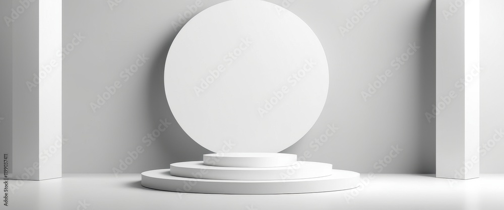 Poster minimalist white podium with circular backdrop in a modern studio setting