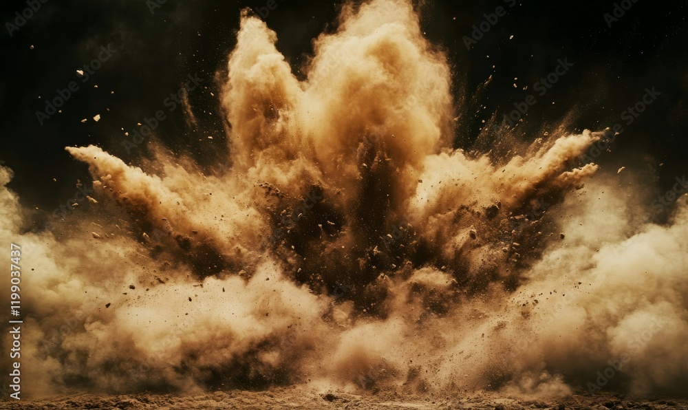 Aufkleber an energetic eruption of brown dust particles generates an abstract cloud in front of a dark backgro