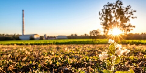 environmental impact carbon policy concept. A flower blooms in a field, with a factory and sunset in the background, symbolizing nature and industry coexistence.