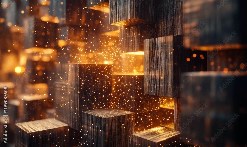 Poster abstract wooden block structure with glowing particles