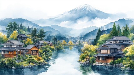 Fototapeta premium Serene Watercolor Landscape of Japan. Generative AI