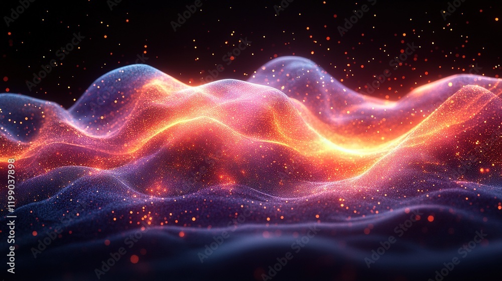 Poster glowing particle wave in dark space with sparks, digital art background