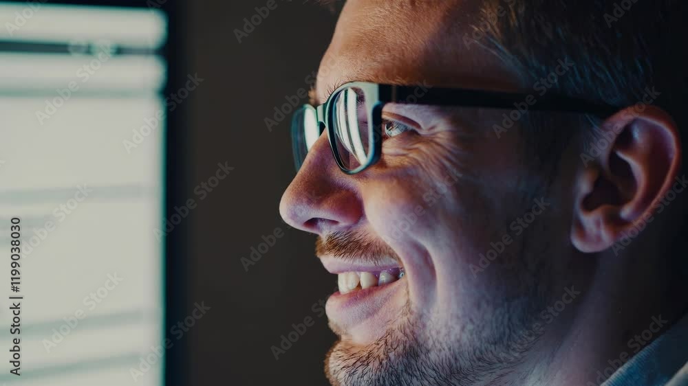 Poster focused man working on computer during night, engaged in digital tasks and problem solving