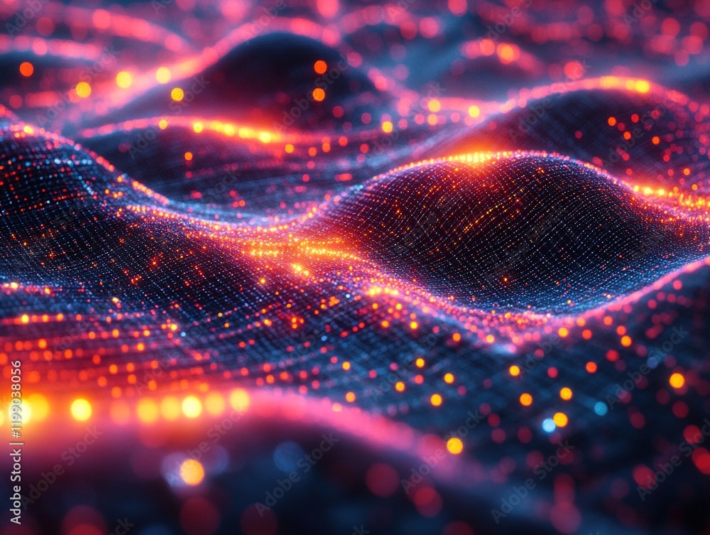 Aufkleber glowing particle wave landscape, digital data flow background