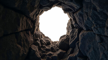Bottom-up perspective of a hole in rocks, focusing on the interplay of light and shadow, dramatic lighting, contrasting textures, neutral to cool tones, copy-space
