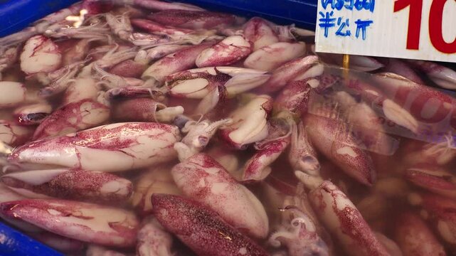 BANGKOK, THAILAND - AUGUST 2024 : View of raw squid at the fish market.