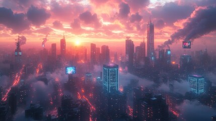 Fototapeta premium Vibrant Futuristic Cityscape at Sunset. Generative AI