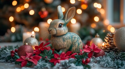 Green wooden rabbit surrounded by festive holiday decorations. Generative AI