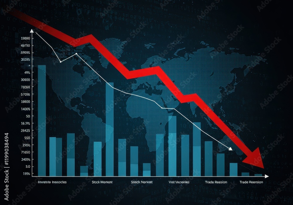 Poster global economic downturn: bar graph and declining arrow with world map
