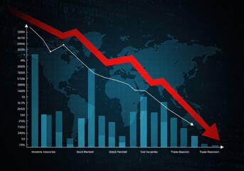 Global economic downturn: bar graph and declining arrow with world map
