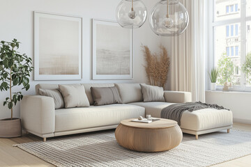 Naklejka premium Modern living room with beige tones, cozy design, and natural light