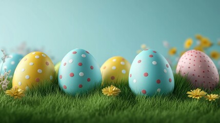 Fototapeta premium Colorful decorated eggs displayed on grass in a spring setting with flowers and soft lighting