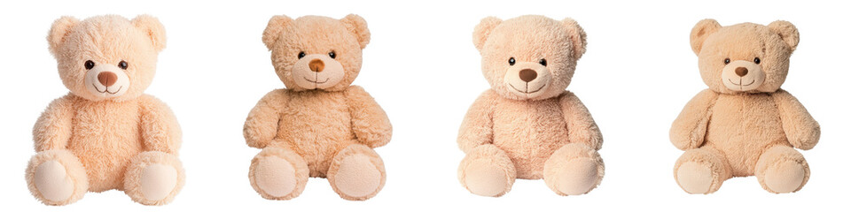 Obraz premium Four adorable beige colored teddy bears sitting in a row creating a heartwarming scene These soft plush stuffed animals are perfect for children s playtime nursery decor or as cozy comfort objects