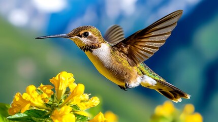 Fototapeta premium A vibrant hummingbird hovering near bright yellow flowers in a lush green mountainous landscape
