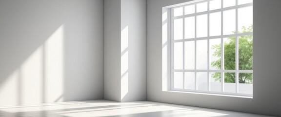 Fototapeta premium Sunlit minimalist room interior with large window and greenery