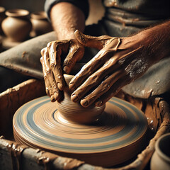 a man's hands sculpting pottery on a spinning pottery wheel, showcasing the craftsmanship and creativity in a serene artisan studio