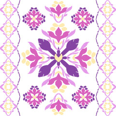 Ikat seamless pattern with decorative elements in pink, yellow, and purple colors. Design for elaborated borders, tiles, wallpaper, saree, rug, and curtains. Vector illustration.