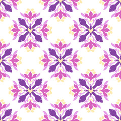 Ikat seamless pattern with decorative elements in pink, yellow, and purple colors. Design for ceramic pottery, tiles, wallpaper, saree, rug, and curtains. Vector illustration.