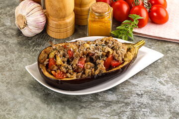 Baked eggplant stuffed meat and tomato