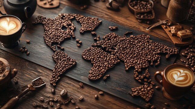 World map made by coffee beans in wooden table 