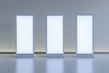 Clean setting featuring three white lightbox billboards for ad mockups.