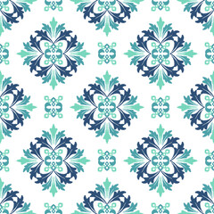Green oriental vector ikat-damask pattern. Talavera pottery. Azulejos portugal. Turkish ornament. Spanish porcelain. Design ceramic pottery, tiles, wallpaper, rugs, and curtains.