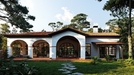 Naklejka premium Modern architectural design of a house surrounded by nature.