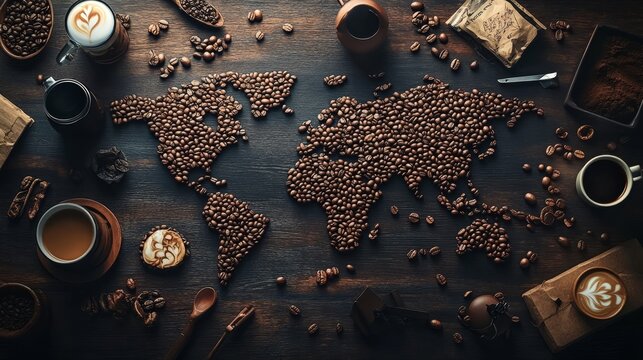 World map made by coffee beans in wooden table 