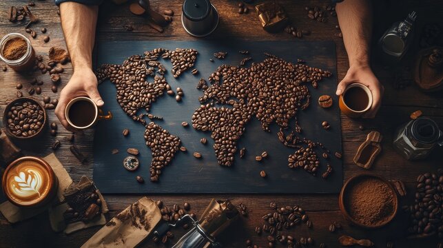 World map made by coffee beans in wooden table 