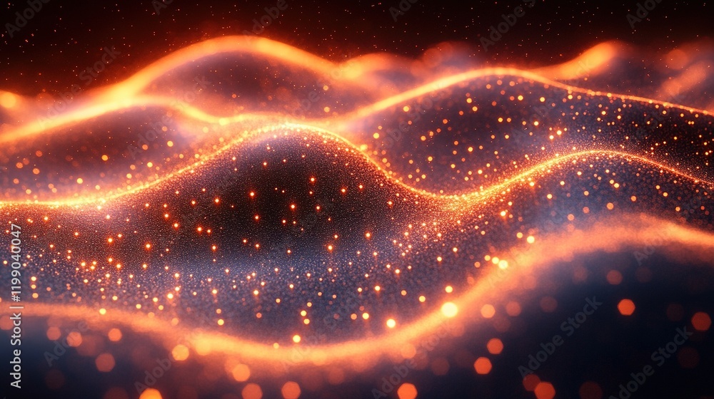 Poster glowing particle waves flow in dark digital space