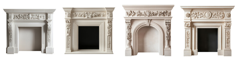 Obraz premium Exquisitely detailed and ornate classical architectural fireplace mantel designs showcasing the elegant luxurious interiors of a historic mansion or palace Showcasing the intricate carvings columns
