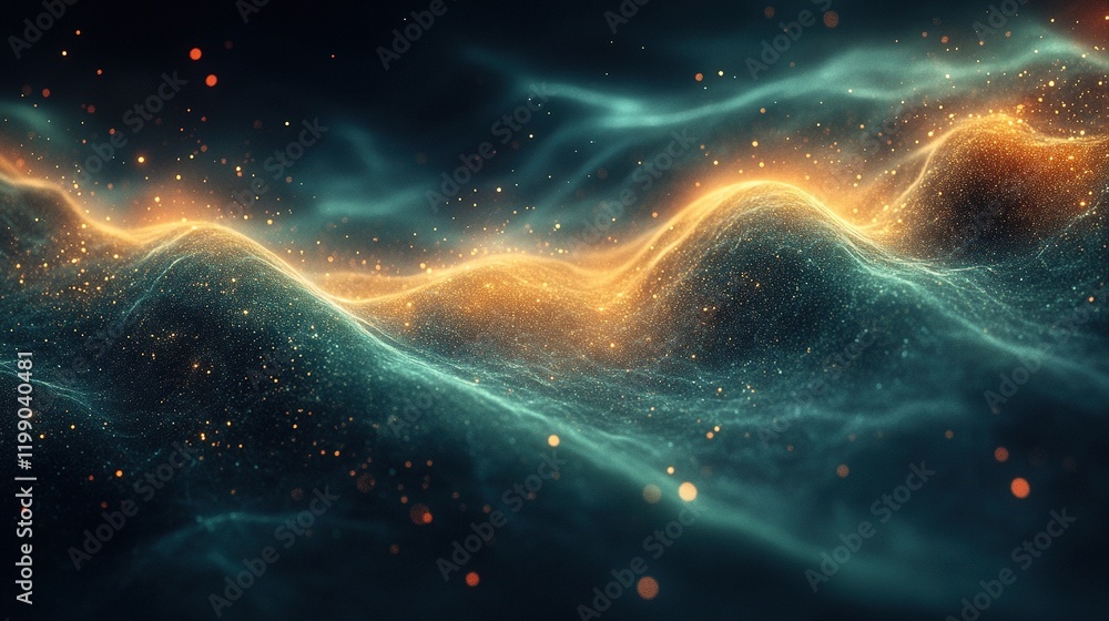 Poster glowing particle waves flow in dark space, digital art background