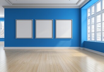 Empty blue room with three large frames on a blue and white wall.