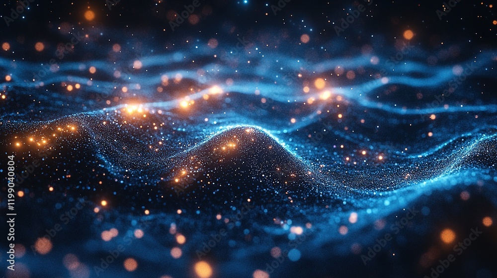Poster glowing particle waves flow in digital space (1)