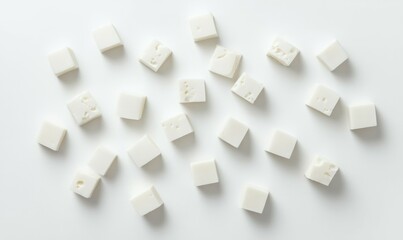 cheese cubes isolated on white background, top view